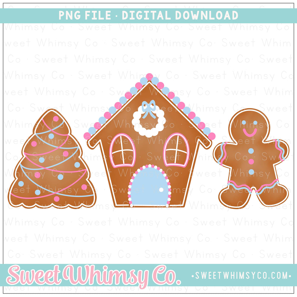 Gingerbread Trio Pink Blue PNG