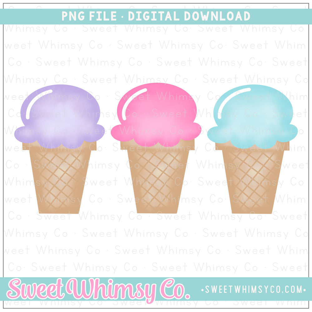 Ice Cream Cone Trio Watercolor PNG