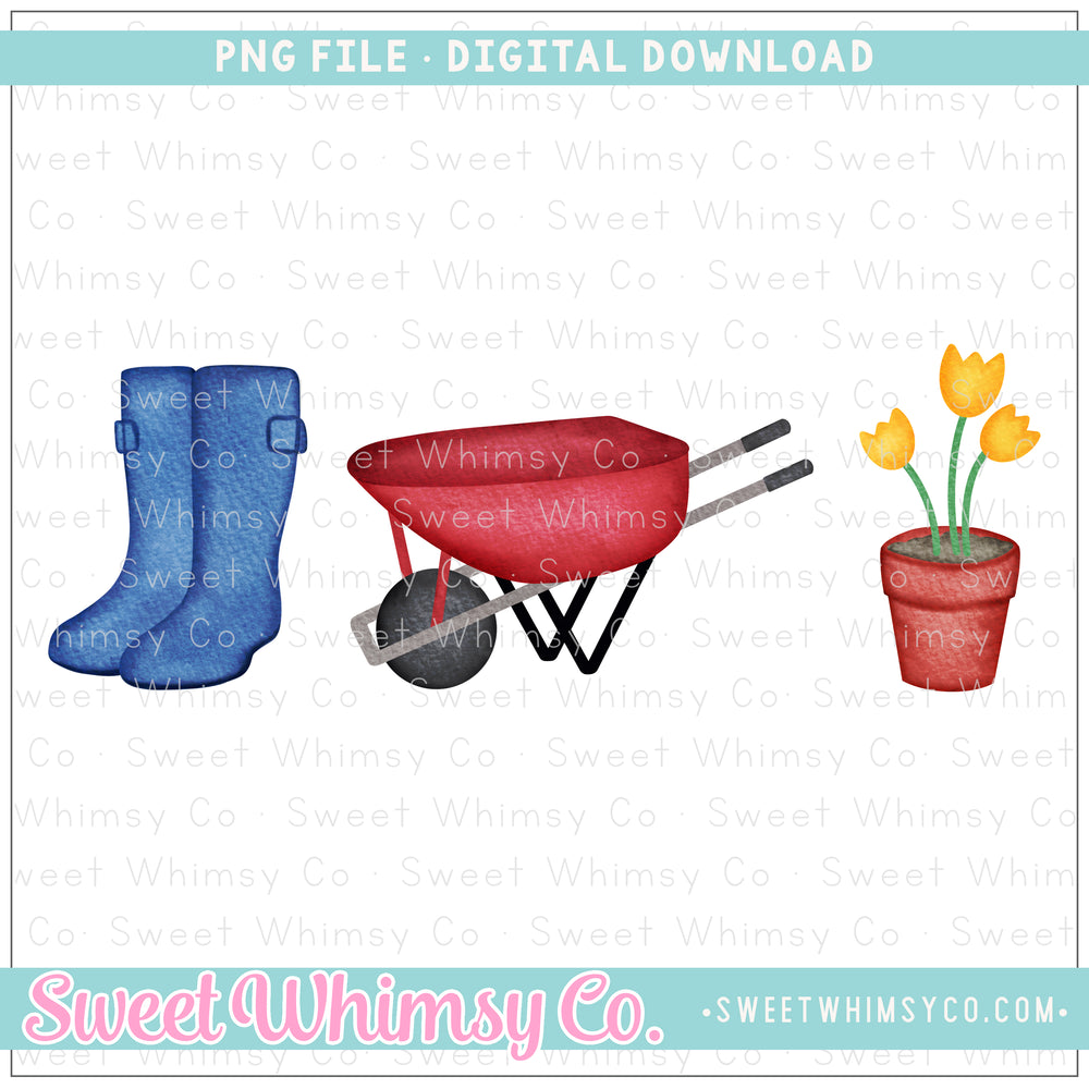 Rain Boots Wheelbarrow Flowers Trio PNG