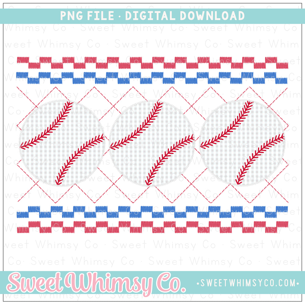 Baseball Red & Blue Faux Smocked PNG