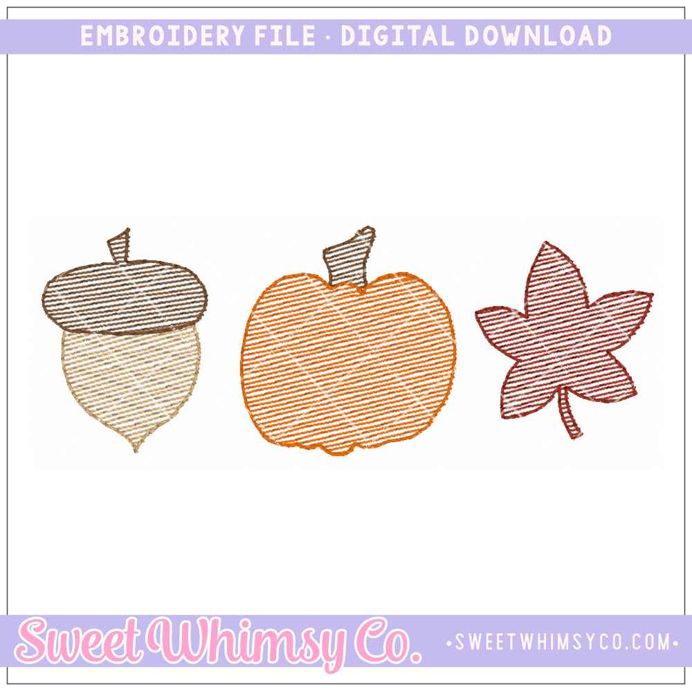 Acorn Pumpkin Leaf Sketch Embroidery