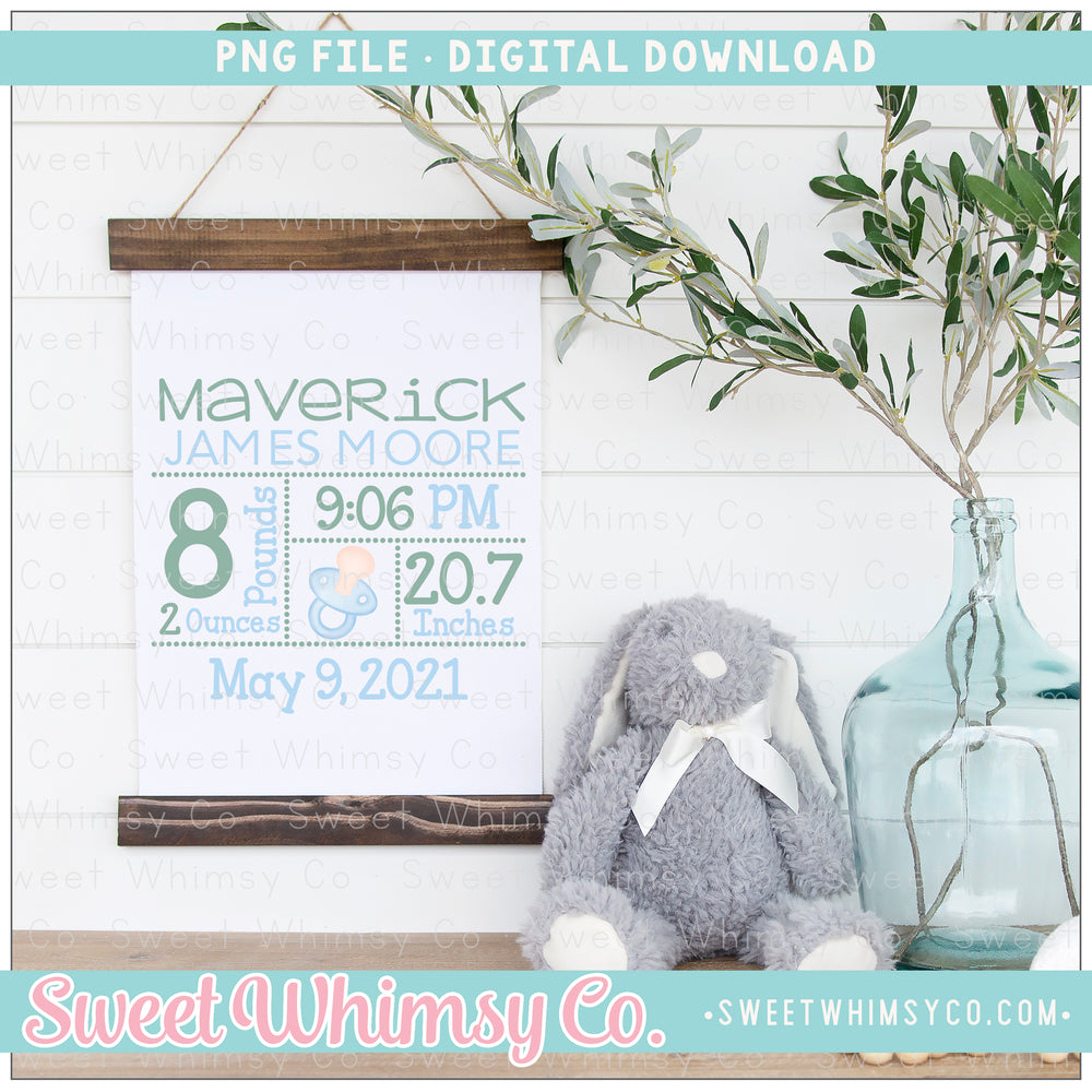 Blue & Green Pacifier Birth Announcement PNG
