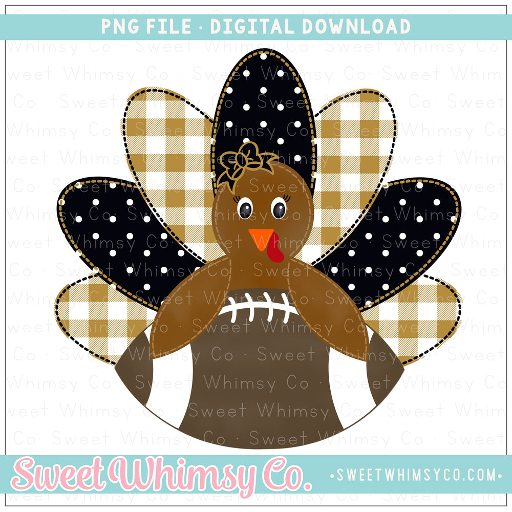 Black & Gold Faux Applique Football Turkey Girl PNG
