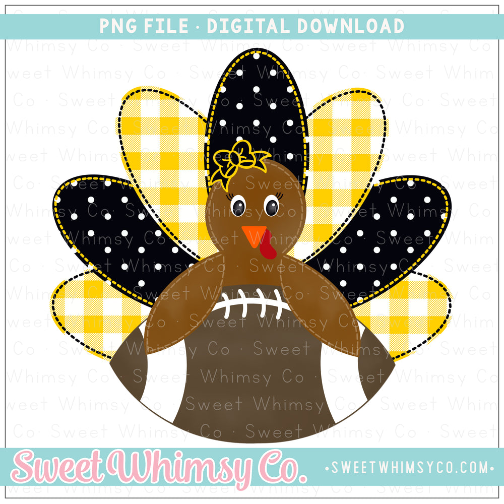 Black & Yellow Faux Applique Football Turkey Girl PNG