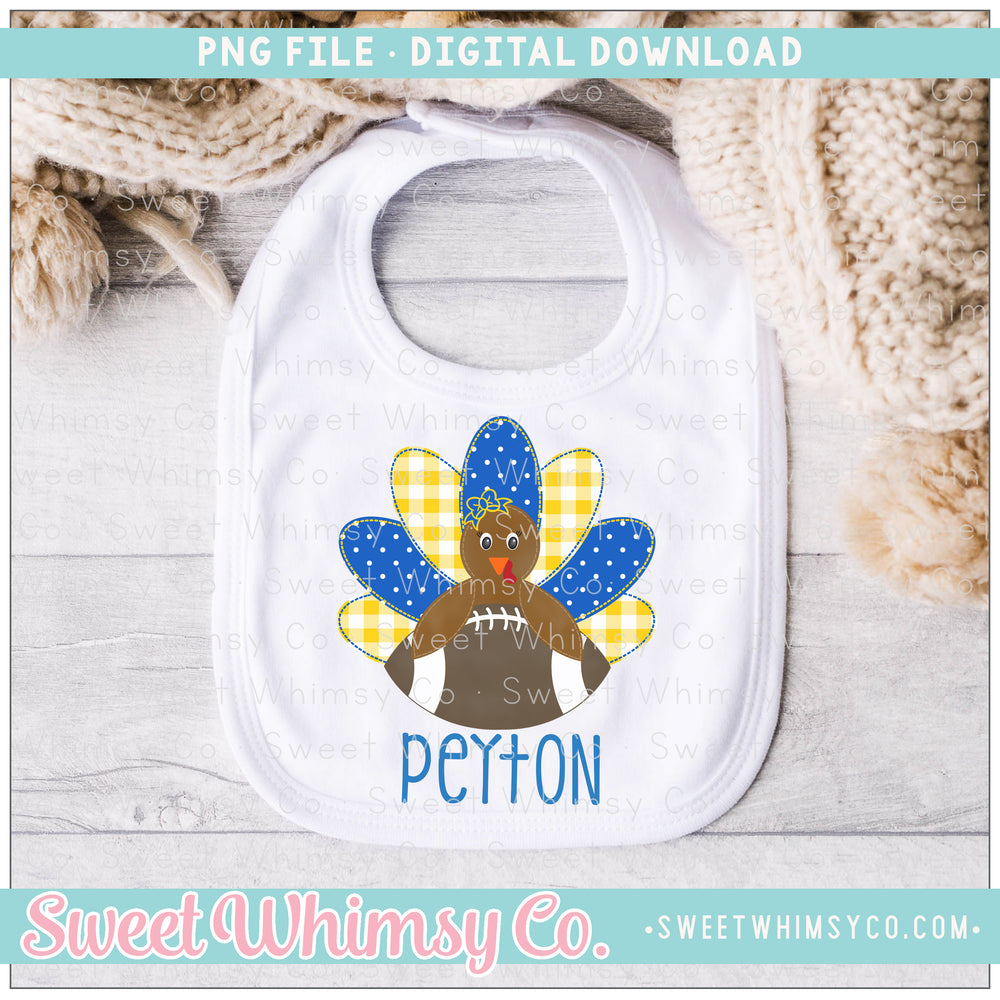 Blue & Yellow Faux Applique Football Turkey Girl PNG