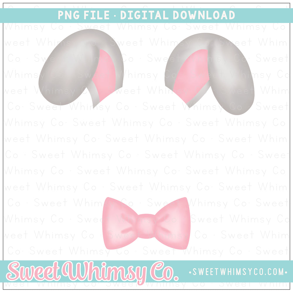 Pink & Grey Bowtie Bunny Ears Monogram Topper PNG