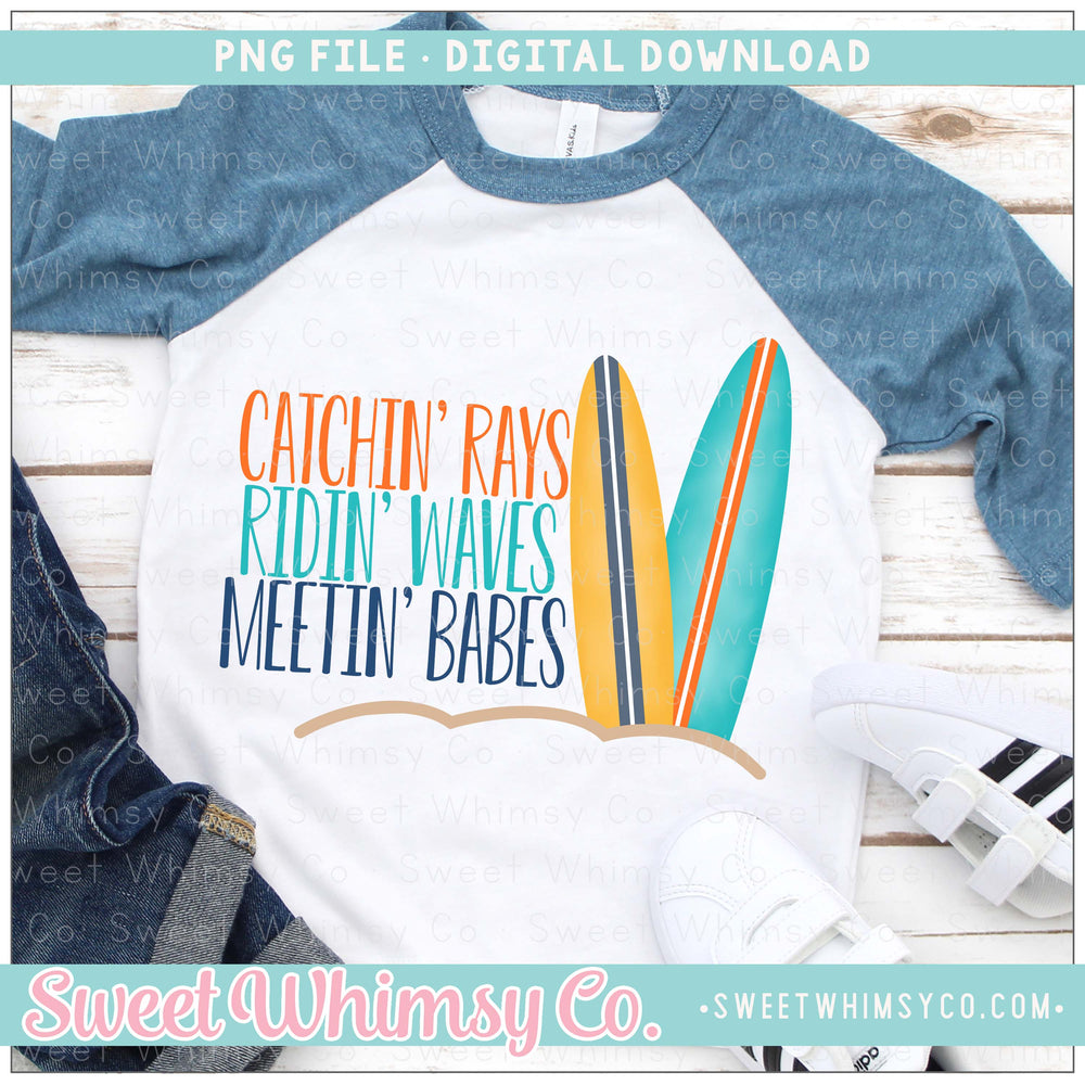 Catching Rays, Riding Waves, & Meeting Babes Surfboard PNG