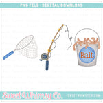 Fishing Net, Fishing Pole, Bait Bucket Trio PNG