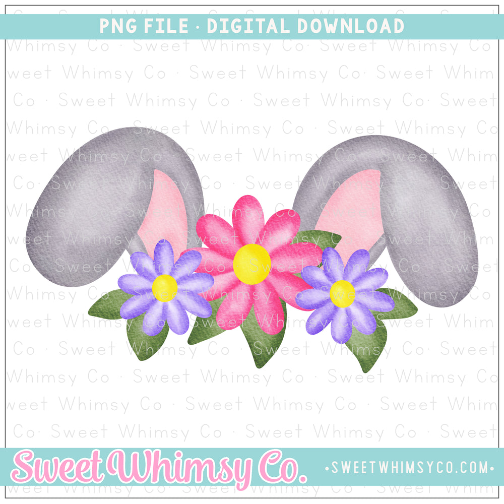 Flower Crown Grey Bunny Ears PNG