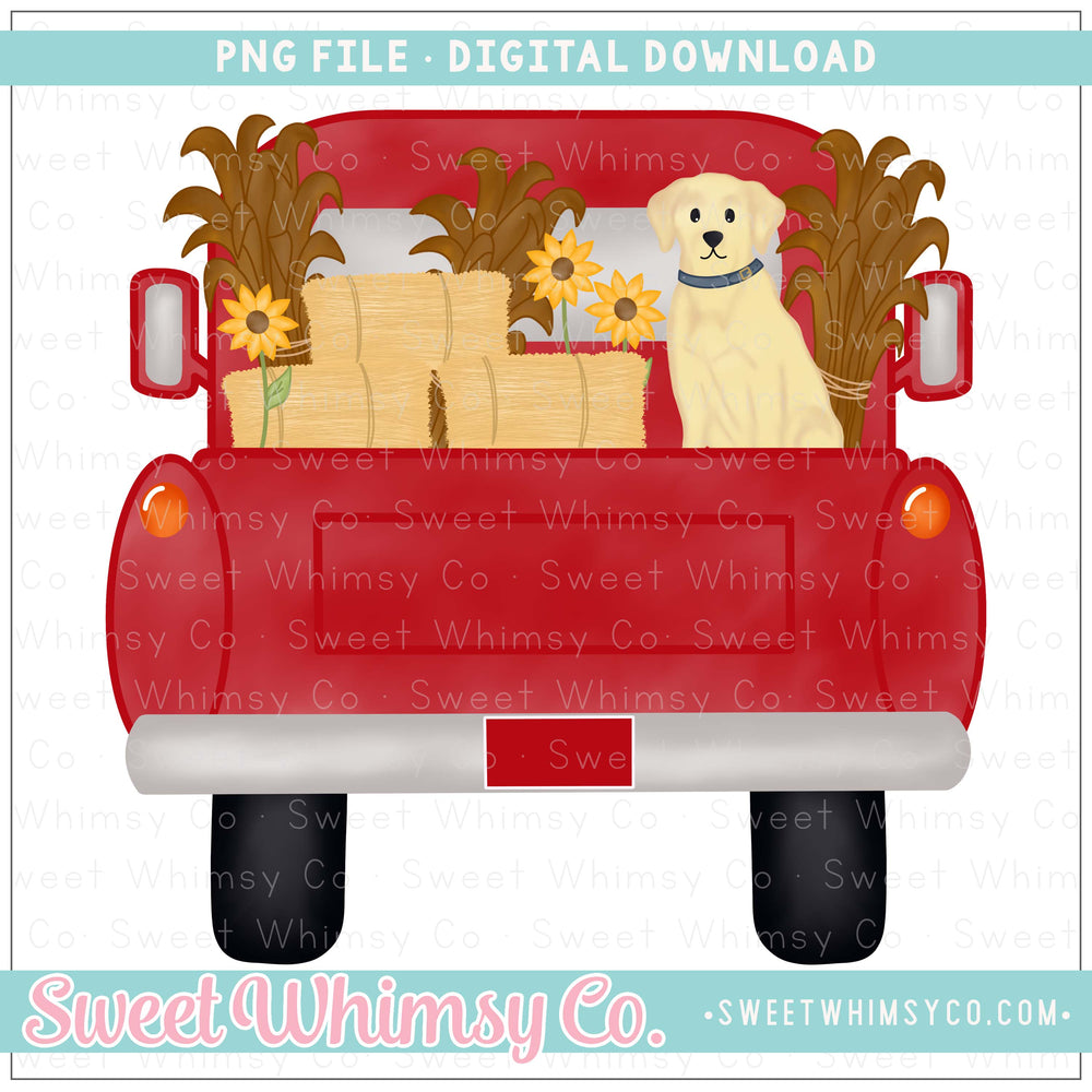 Fall Dog, Hay, Sunflowers, & Cornstalks Pickup Truck PNG