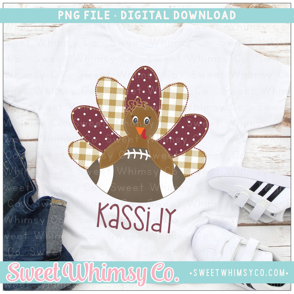 Maroon & Gold Faux Applique Football Turkey Girl PNG