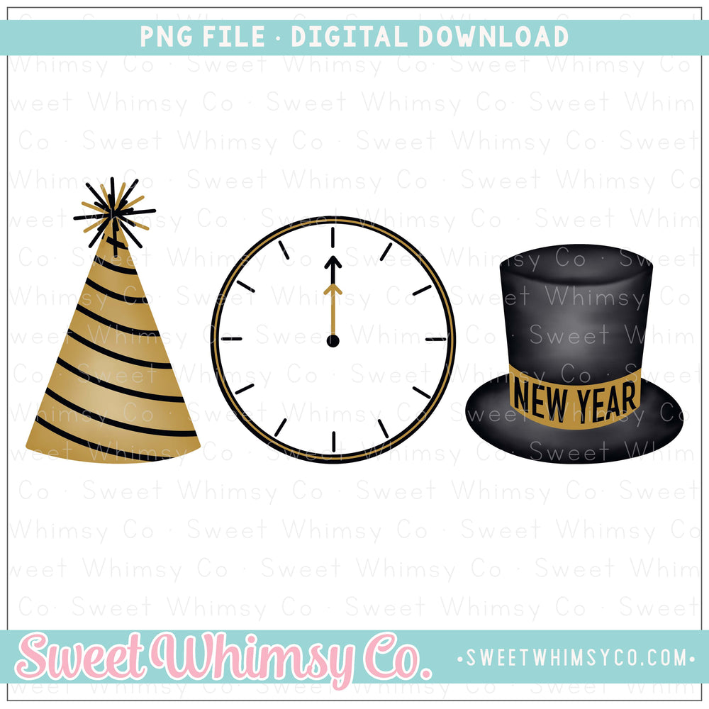 New Year Trio Party Hat Clock Top Hat PNG