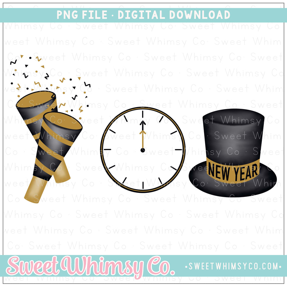 New Year Trio Poppers Clock Top Hat PNG
