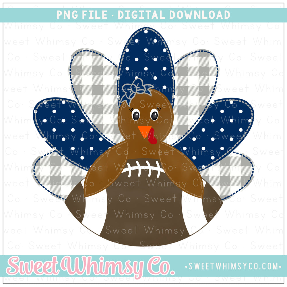 Navy & Silver Faux Applique Football Turkey Girl PNG