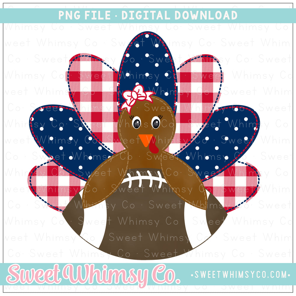 Navy Blue & Red Faux Applique Football Turkey Girl PNG