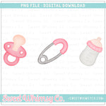 Pink Pacifier Diaper Pin Bottle Trio PNG