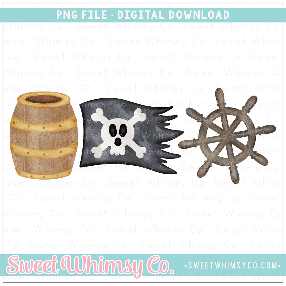 Pirate Barrel Flag Ship Wheel Trio PNG