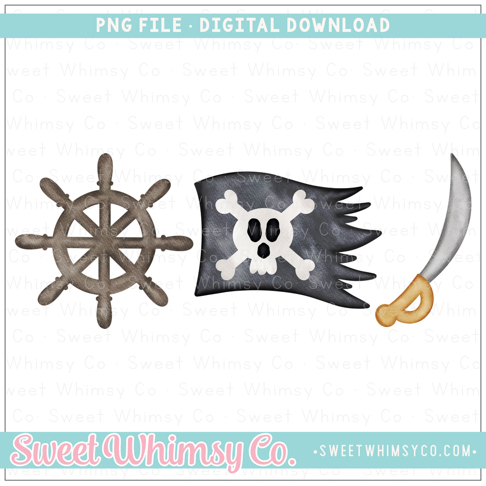 Pirate Ship Wheel Flag Sword Trio PNG