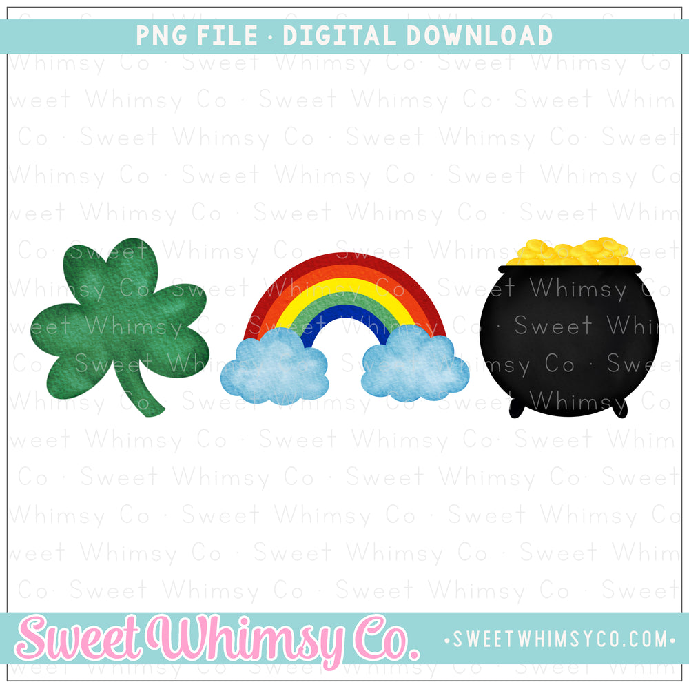 Primary Rainbow, Shamrock, Pot of Gold Trio PNG