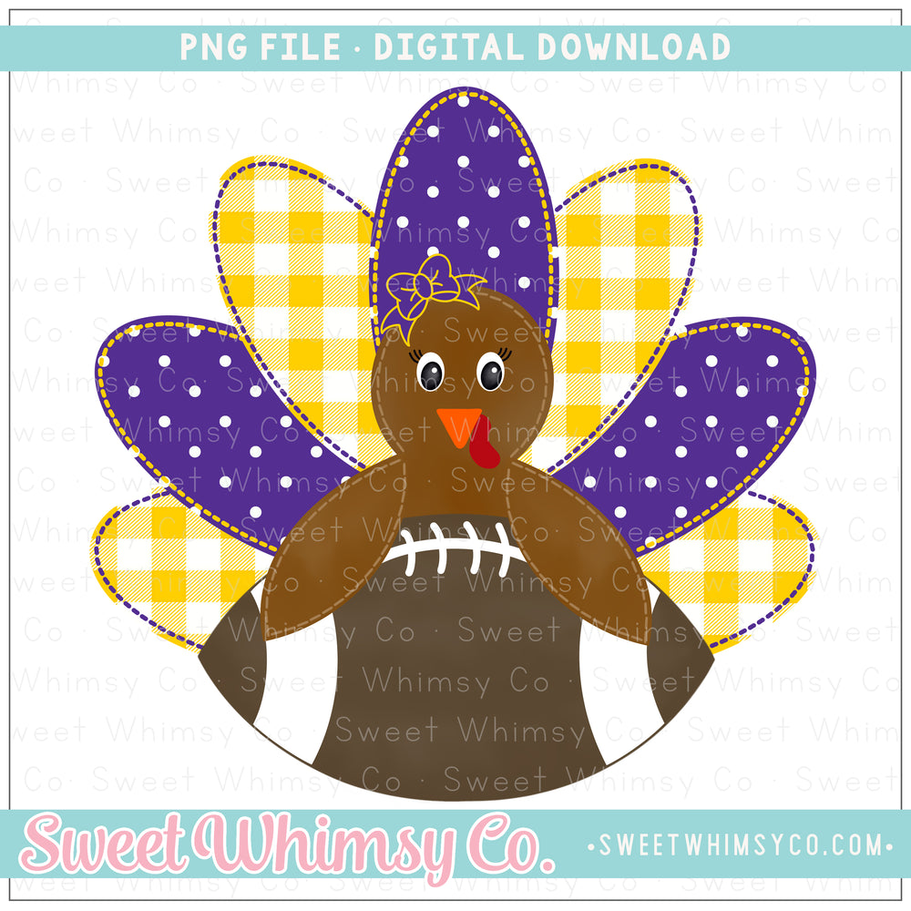 Purple & Yellow Gold Faux Applique Football Turkey Girl PNG