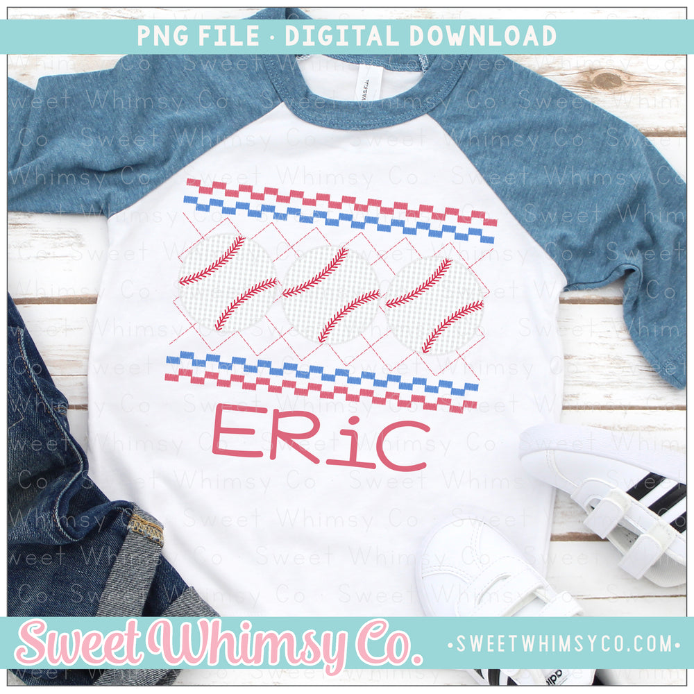 Baseball Red & Blue Faux Smocked PNG