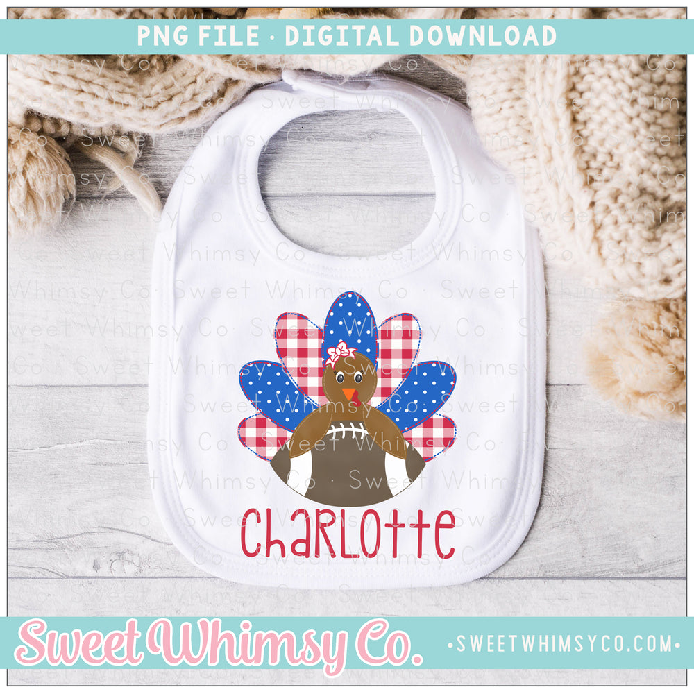 Red & Blue Faux Applique Football Turkey Girl PNG