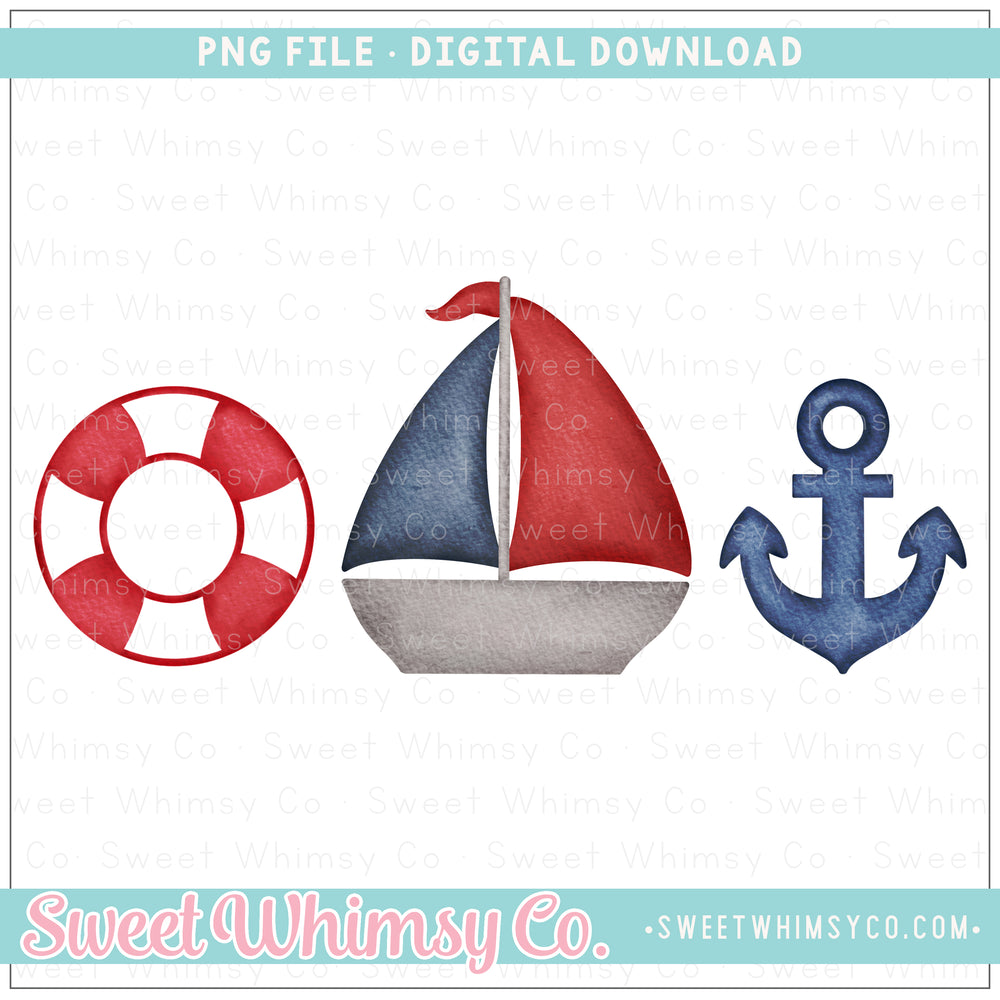 Red & Navy Life Preserver Sailboat Anchor Trio PNG