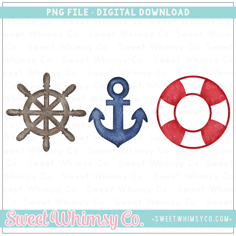 Red Navy Ship Wheel Anchor Life Preserver Trio PNG