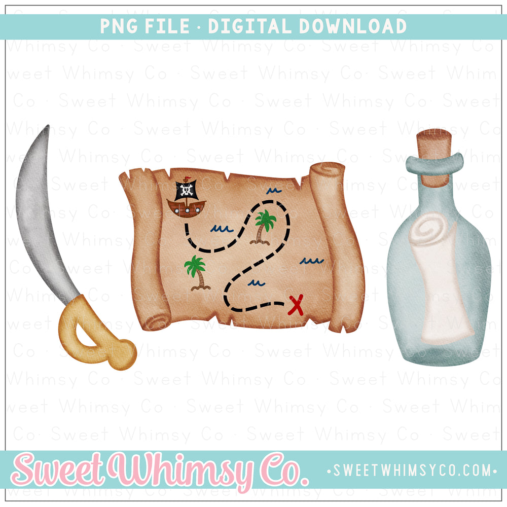 Pirate Sword Treasure Map Bottle Trio PNG